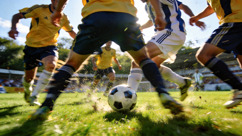 世界杯比赛精彩瞬间 - 球员在绿茵场上激烈争抢足球的抓拍照片