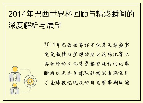 2014年巴西世界杯回顾与精彩瞬间的深度解析与展望